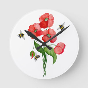 Reloj Redondo Mediano Flores de adormidera escarlata acuarela y bonitos