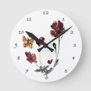 Reloj Redondo Mediano Flores de amapola de mariposa de arte floral