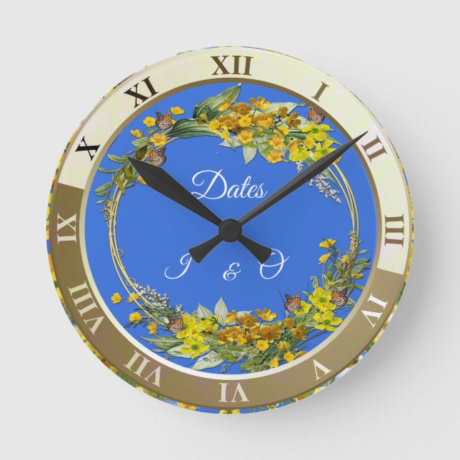 Reloj Redondo Mediano Flores de Butercup de primavera en las nubes (Anverso)