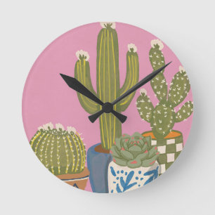 Reloj Redondo Mediano Flores de Cactus Rosadas