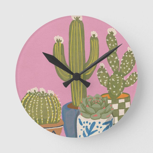 Reloj Redondo Mediano Flores de Cactus Rosadas (Anverso)