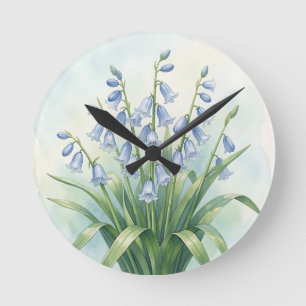 Reloj Redondo Mediano Flores de Campanilla Azul Acuarela Botánica
