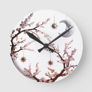 Reloj Redondo Mediano Flores de cerezo iluminadas por luna - Artístico e