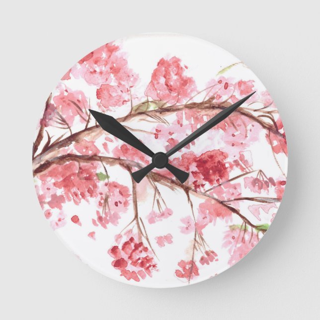 Reloj Redondo Mediano Flores de cerezo rosa pintura floral (Anverso)