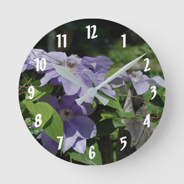 Reloj Redondo Mediano Flores De Clematis Púrpura En La Valla (Anverso)