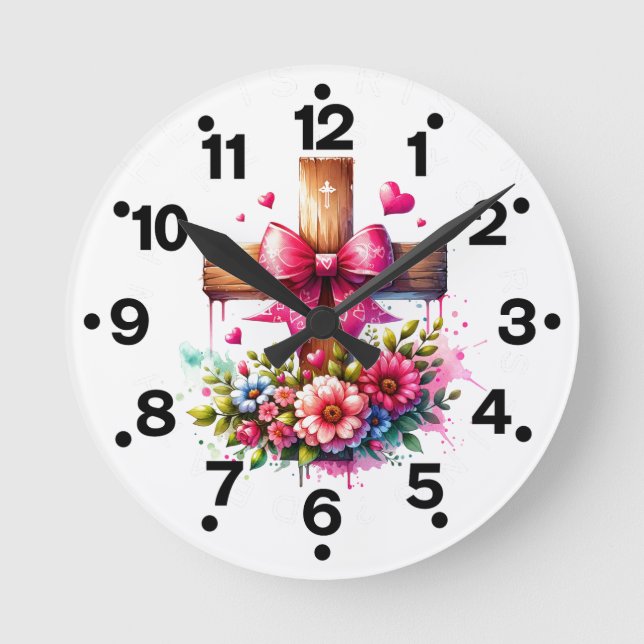 Reloj Redondo Mediano Flores de Cruz Rosa (Anverso)