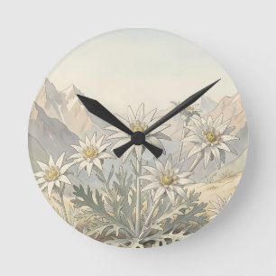 Reloj Redondo Mediano Flores de Edelweiss Alpino Paisaje Montañoso 