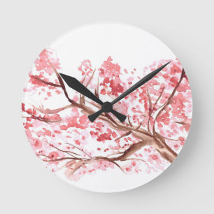 Reloj Redondo Mediano Flores de flores de cerezo rosado de acuarela