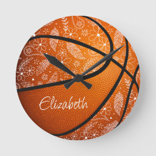 Reloj Redondo Mediano flores de garabatos plumas paislies boho baloncest