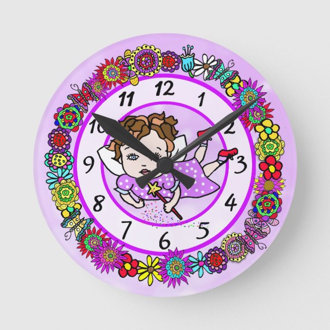 Reloj Redondo Mediano Flores de hadas moradas y mariposas caprichosas (Anverso)