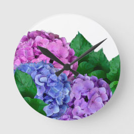 Reloj Redondo Mediano Flores de hidrangea azules y rosas