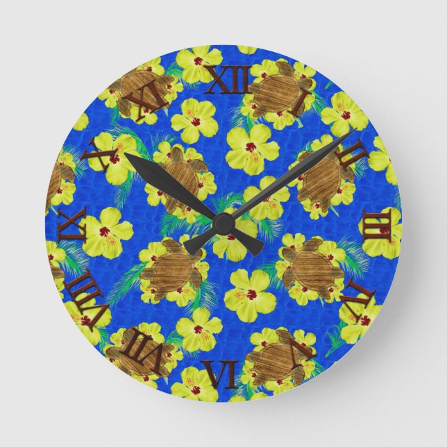 Reloj Redondo Mediano Flores De Honu Y Hibiscus De Madera (Anverso)