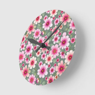 Reloj Redondo Mediano Flores de jardín de color rosa pansy vintage
