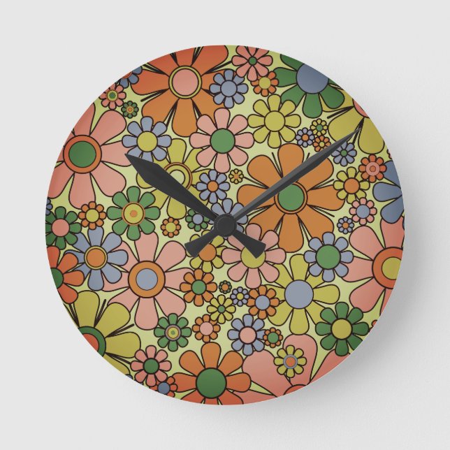 Reloj Redondo Mediano Flores de jardín retro patrón floral de primavera  (Anverso)