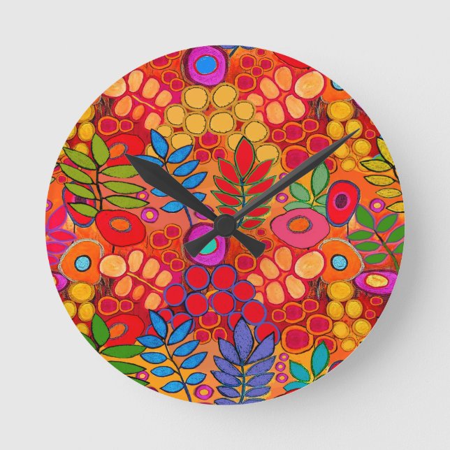 Reloj Redondo Mediano Flores de jardín soleado - Rojo Amarillo Naranja (Anverso)