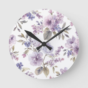 Reloj Redondo Mediano Flores de lavanda acuarela púrpura botánico