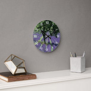 Reloj Redondo Mediano Flores de lavanda púrpura árboles de olivo pintura