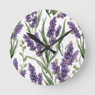 Reloj Redondo Mediano Flores de lavanda púrpura Botánico acuarela