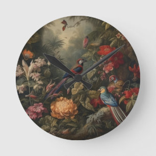 Reloj Redondo Mediano Flores de pájaros botánicos vintage en el paraíso