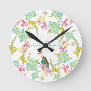 Reloj Redondo Mediano Flores de primavera acuarela