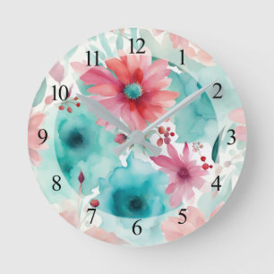 Reloj Redondo Mediano Flores de primavera acuarela azul turquesa rojas