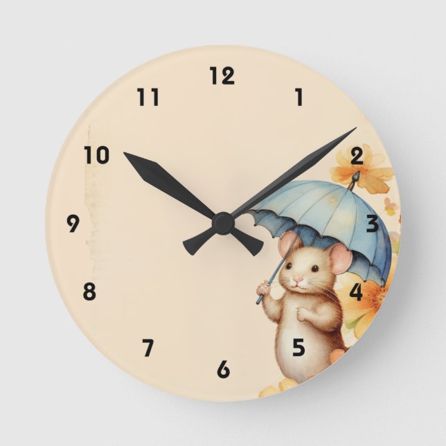 Reloj Redondo Mediano Flores de ratón naranja azul rosado papel dorado v (Anverso)