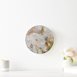 Reloj Redondo Mediano Flores de Rosa Blanca Elegante Foto Botánica de la