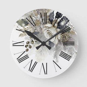 Reloj Redondo Mediano Flores de Rosas Blancas Doradas Plateadas Acuarela