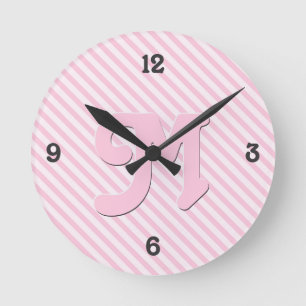 Reloj Redondo Mediano Flores diagonales rayas rosadas personalizar monog