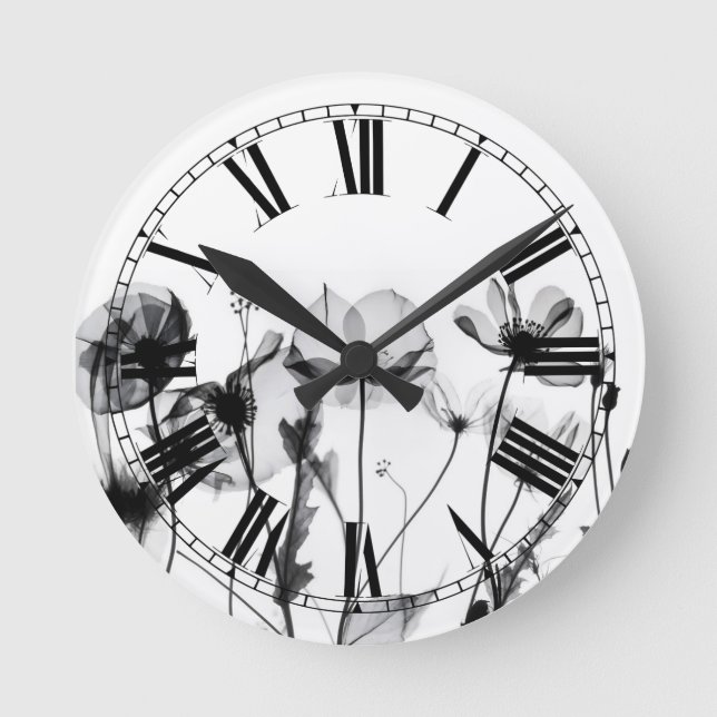 Reloj Redondo Mediano Flores en rayos X B&W (Anverso)