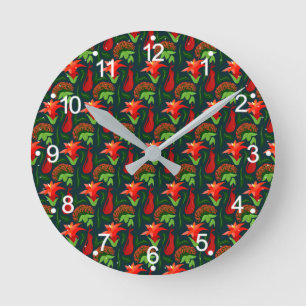 Reloj Redondo Mediano Flores Exóticas Coloridas Patrón de Hojas-23187