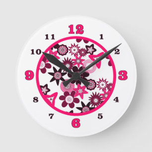Reloj Redondo Mediano Flores Funky Rosa