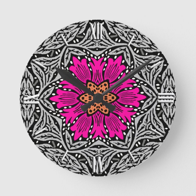 Reloj Redondo Mediano Flores geométricas - Rosa fucsia y gris (Anverso)