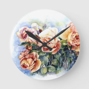 Reloj Redondo Mediano Flores naranjas acuarelas rosas ilustracion flowe