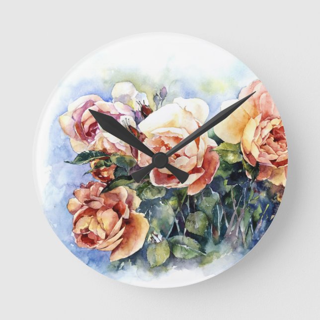 Reloj Redondo Mediano Flores naranjas acuarelas rosas ilustracion flowe (Anverso)