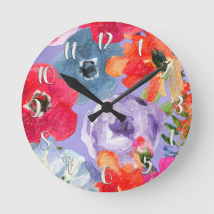 Reloj Redondo Mediano Flores Pintadas de Morado Floral Moderno Acuarela