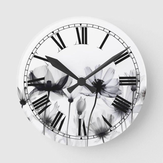 Reloj Redondo Mediano Flores Pretty B&W en Rayos X (Anverso)