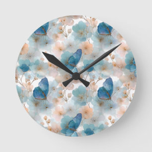 Reloj Redondo Mediano Flores primaverales vintage y mariposa azul