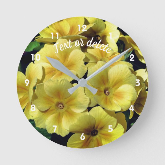Reloj Redondo Mediano Flores Primrose amarillas personalizadas (Anverso)