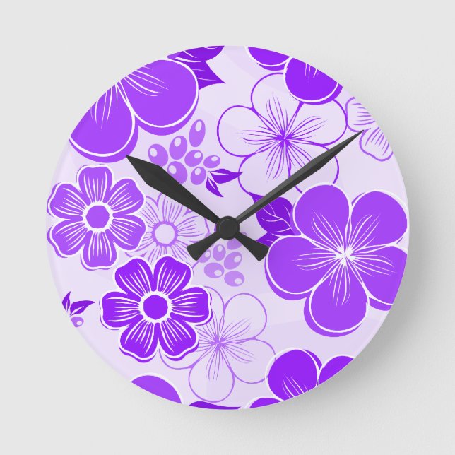 Reloj Redondo Mediano Flores púrpuras femeninas abstractas (Anverso)