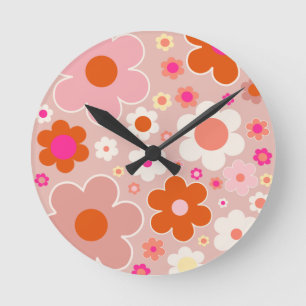 Reloj Redondo Mediano Flores retro Peach Rubor Naranja rosa Floral
