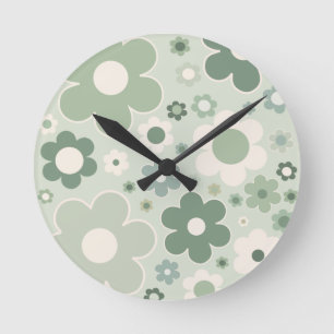 Reloj Redondo Mediano Flores Retro Sage Green Abstract Floral