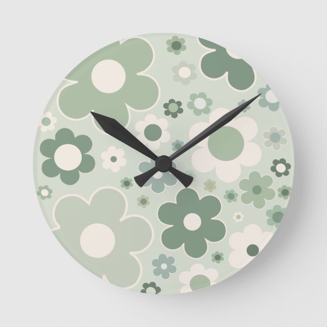 Reloj Redondo Mediano Flores Retro Sage Green Abstract Floral (Anverso)
