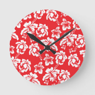 Reloj Redondo Mediano Flores rojas hawaianas