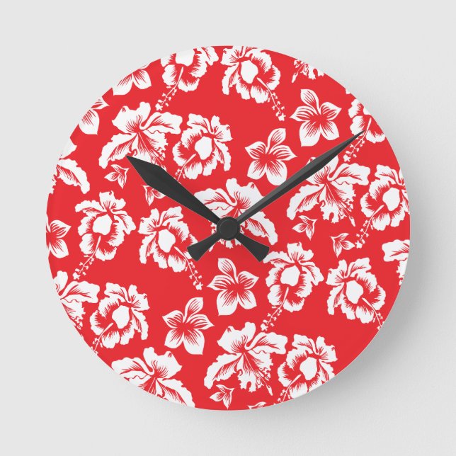 Reloj Redondo Mediano Flores rojas hawaianas (Anverso)