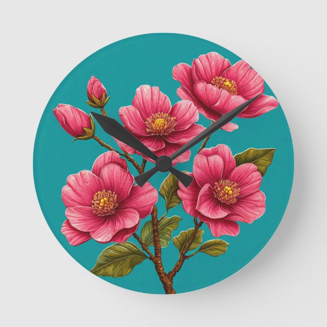 Reloj Redondo Mediano Flores rosadas (Anverso)