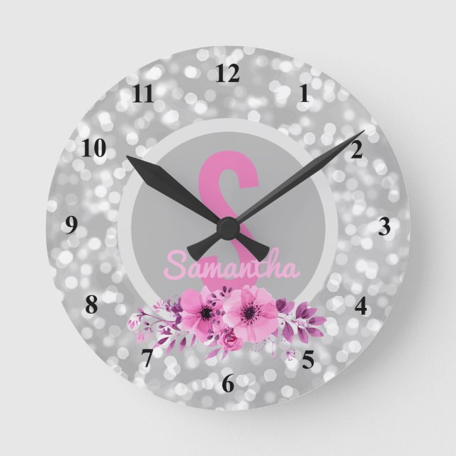 Reloj Redondo Mediano Flores rosadas de plata femeninas de Bokeh del (Anverso)