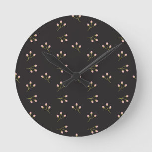 Reloj Redondo Mediano Flores rosadas Green Stem Black Floral Spring