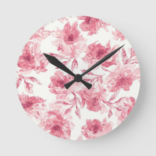 Reloj Redondo Mediano Flores rosadas sonrosadas pintadas al acuarela flo