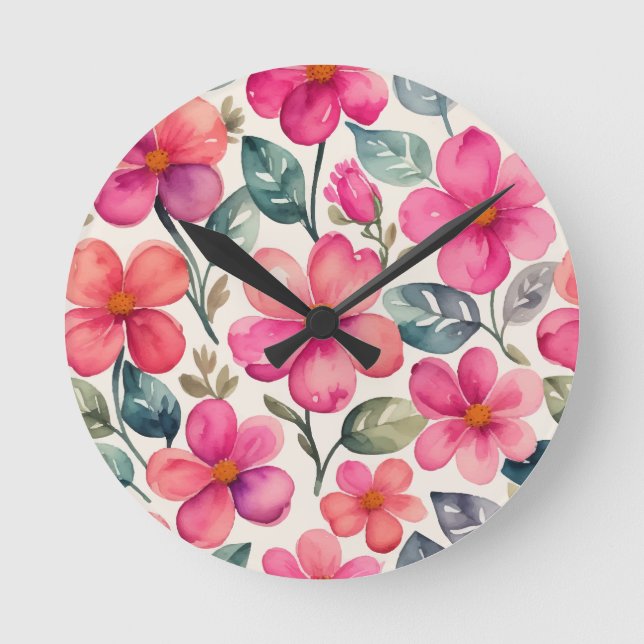 Reloj Redondo Mediano Flores rosas (Anverso)